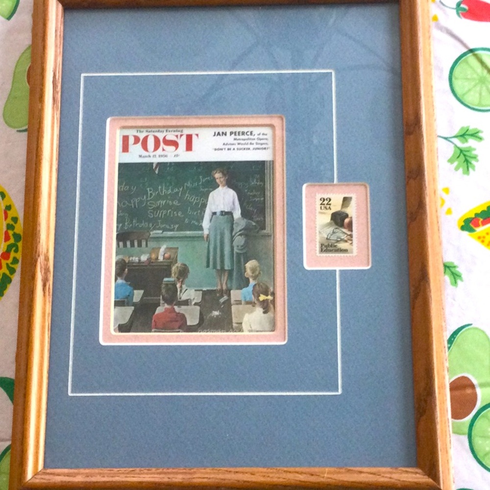 Framed Saturday Evening Post teacher by Norman Rockwell. 22cent stamp 1985